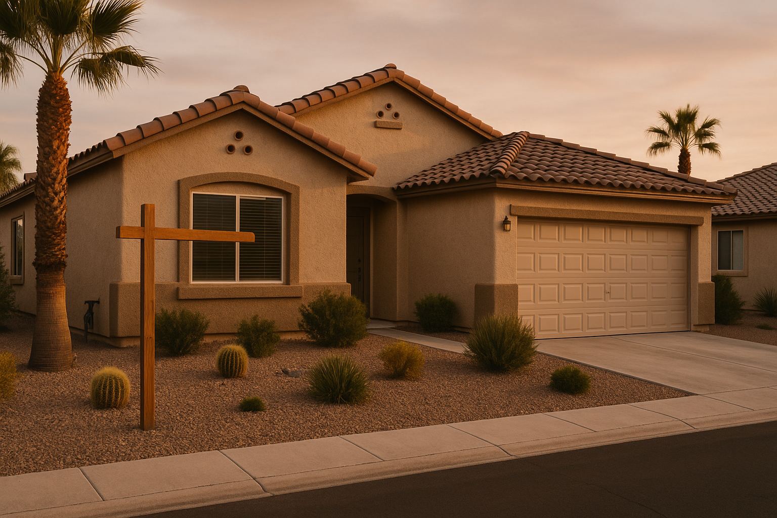 Single-story stucco home on a quiet Las Vegas street at golden hour with an empty yard-sign post in the front landscaping